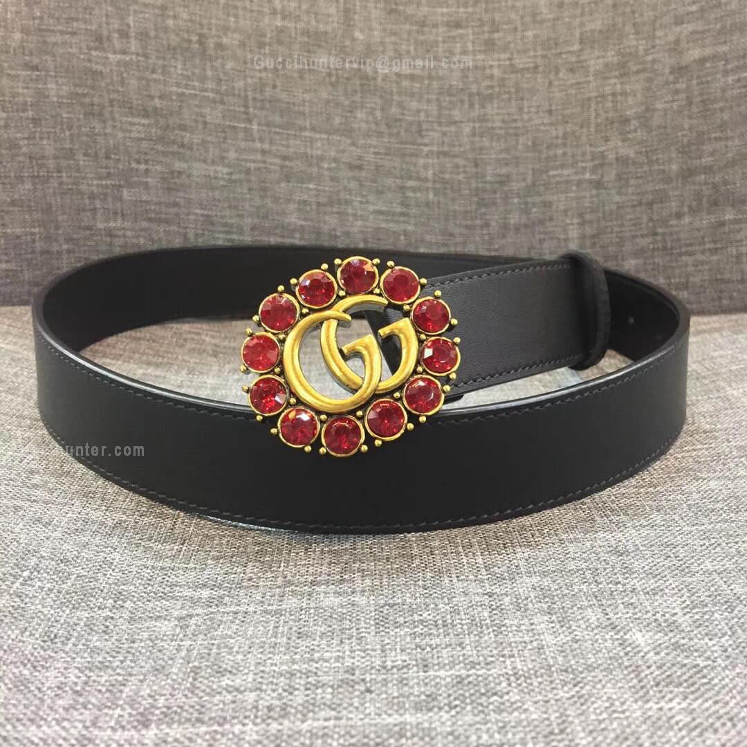 Gucci Leather Black Belt With Double G And Crystals 30mm